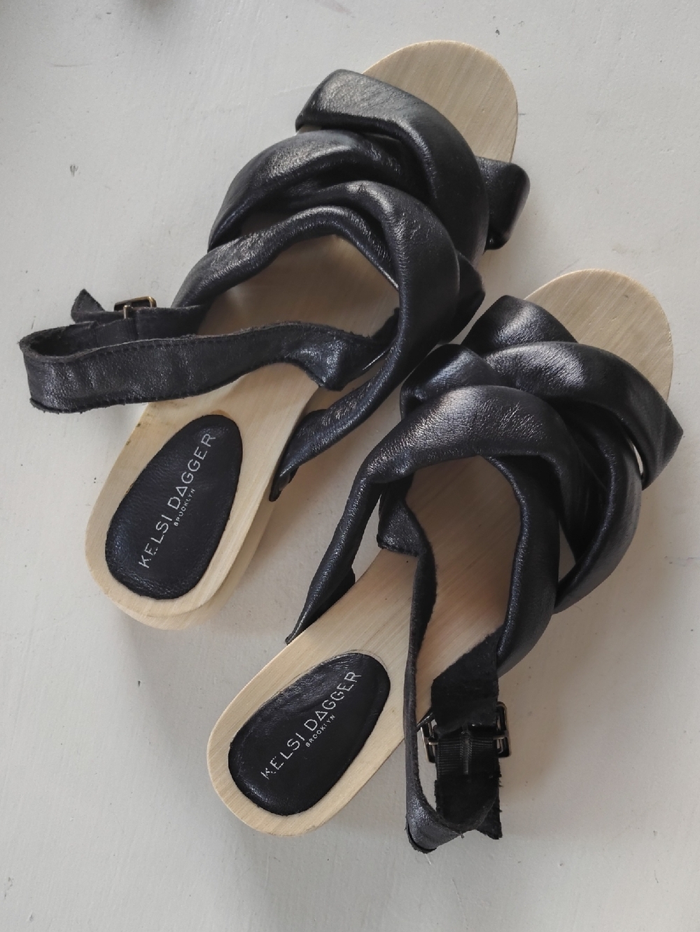 Kelsi Dagger Black Braided Slingback Sandals with Wood-Effect Footbed